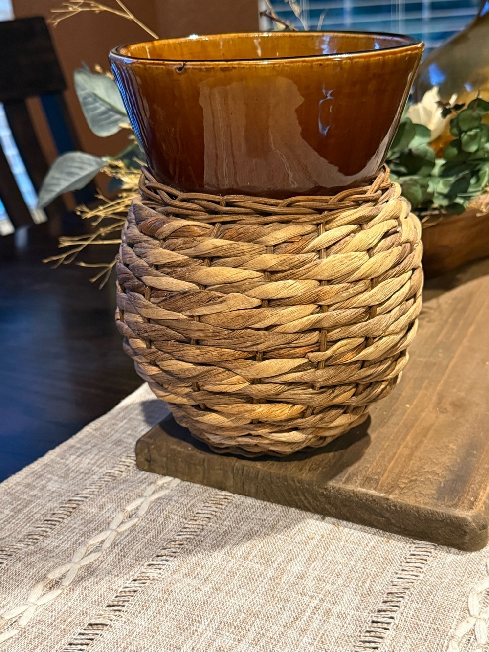 Ceramic Vase With Brown Drip Glaze And Woven Seagrass Exterior 8”